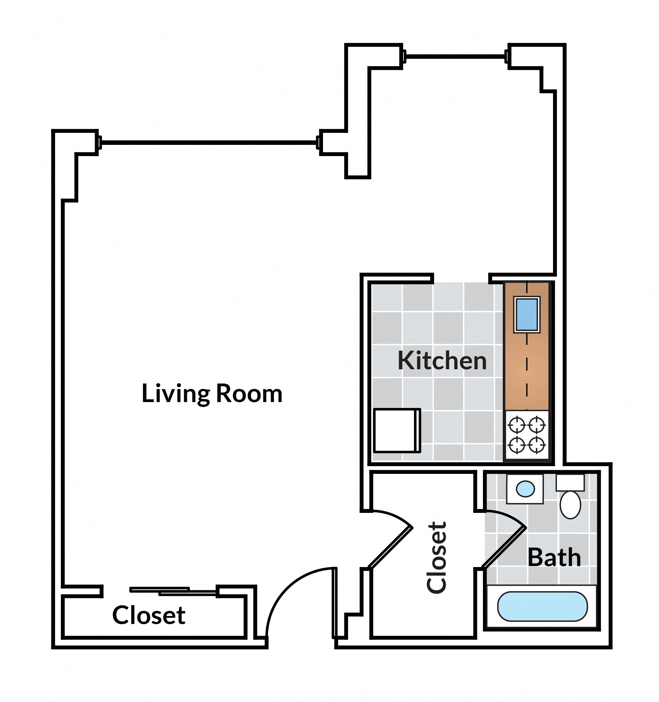 Floor plan for studio, 1 bath, 539 sqft